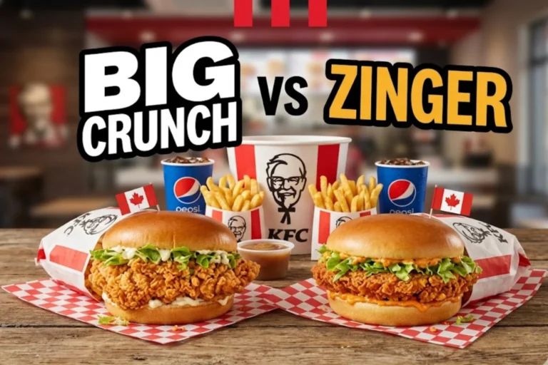 A Blog image of kfcmenucanda.com shows KFC Canada Big Crunch vs Zinger Which Sandwich Is Better