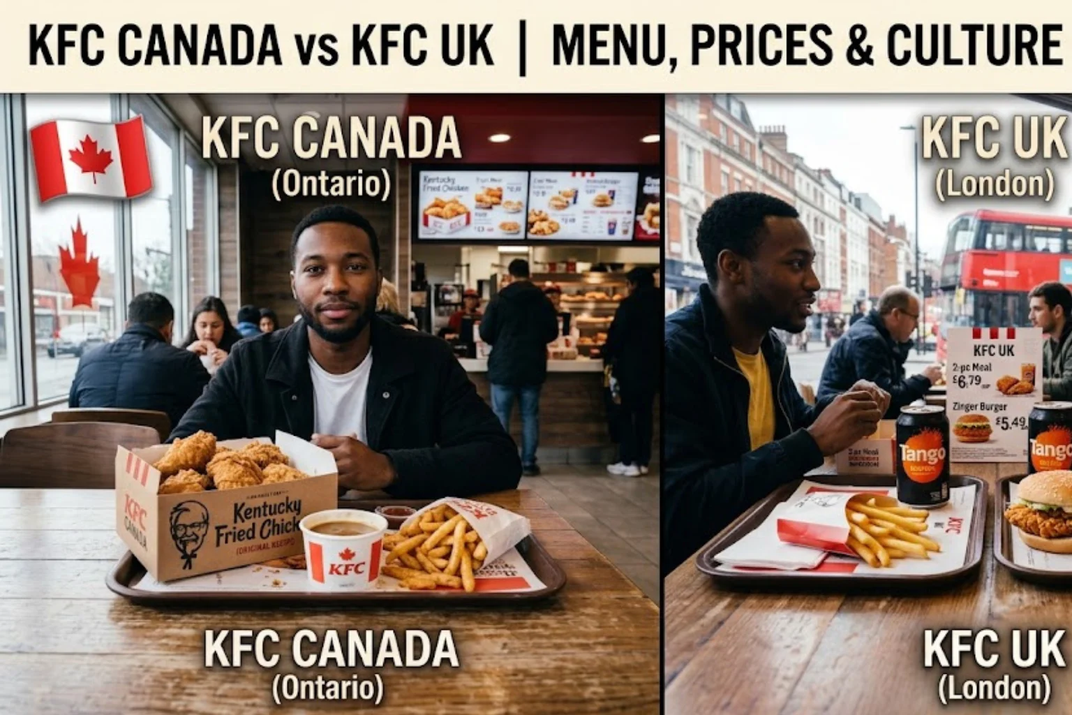 A Blog Feature images shows KFC Canada vs KFC UK Menu, Prices and Culture Compared